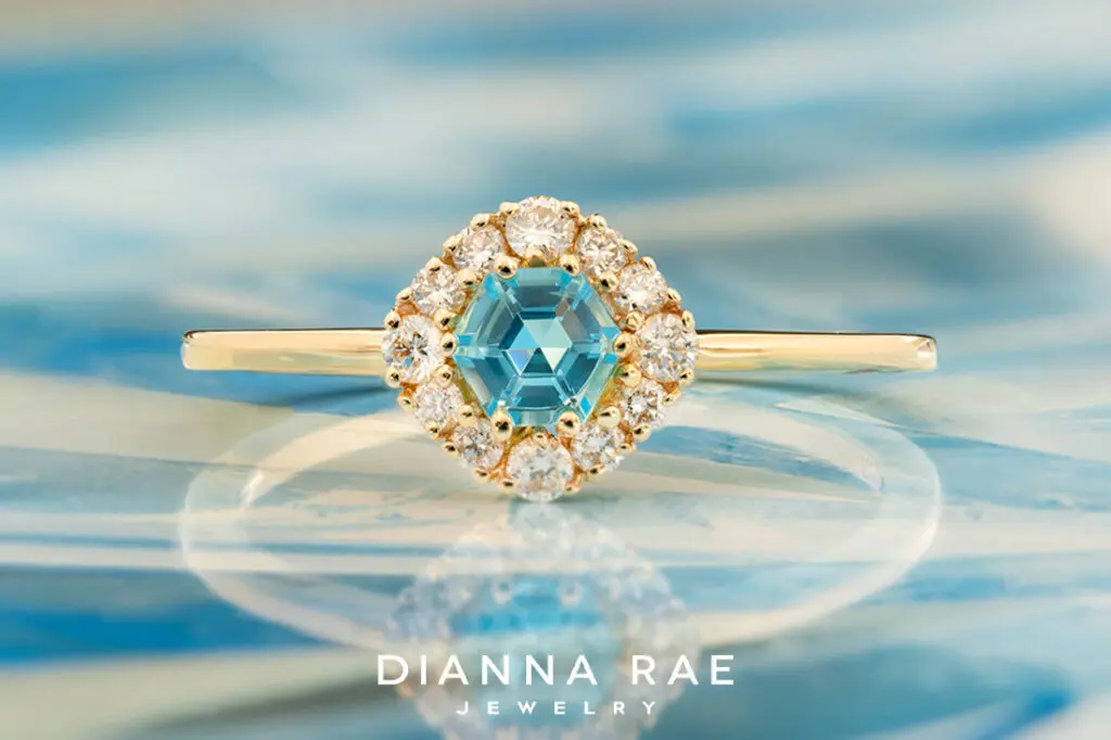 14K Yellow Gold Hexagon Blue Topaz with Diamond Halo