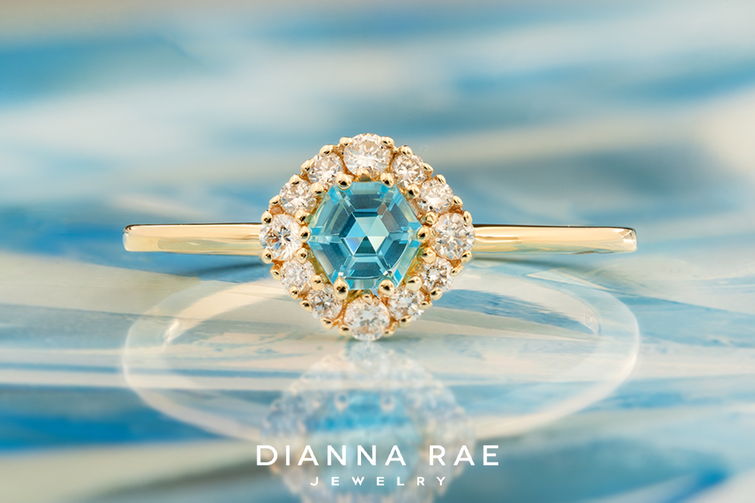 14K Yellow Gold Hexagon Blue Topaz with Diamond Halo