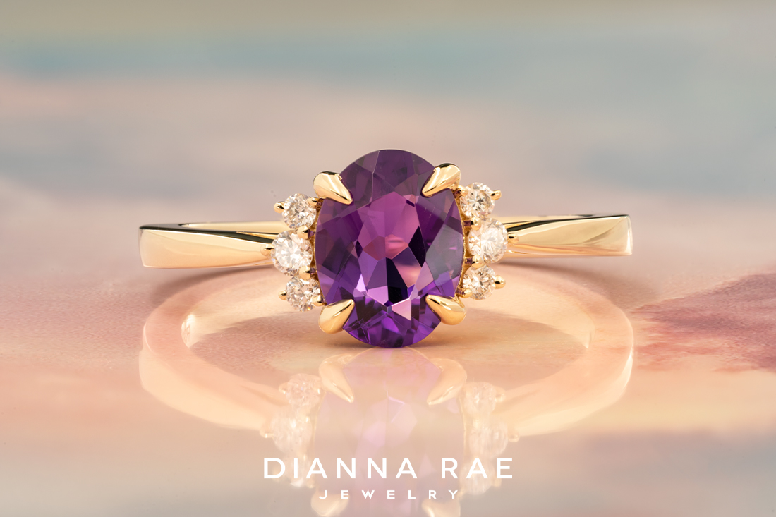14K Yellow Gold Oval Amethyst Ring with Diamond Accents