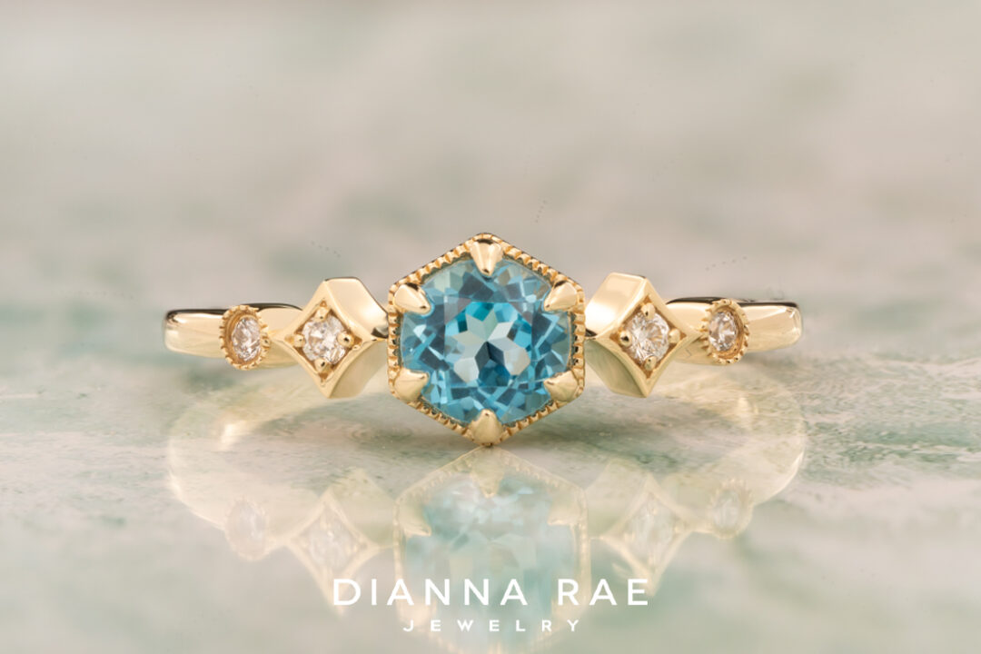 14K Yellow Gold Blue Topaz Ring with Accented Band