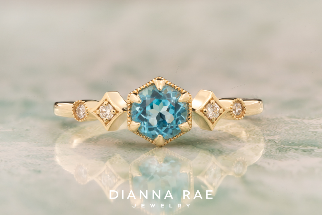 14K Yellow Gold Blue Topaz Ring with Accented Band