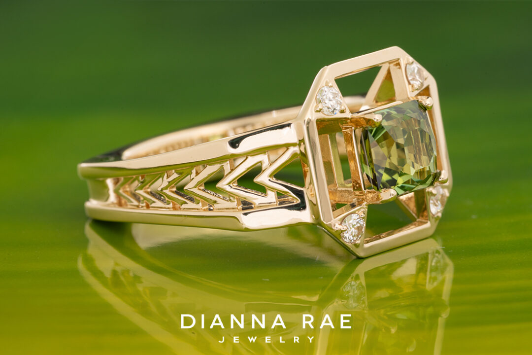 Square Green Tourmaline Ring with Diamond Accents - Image 2