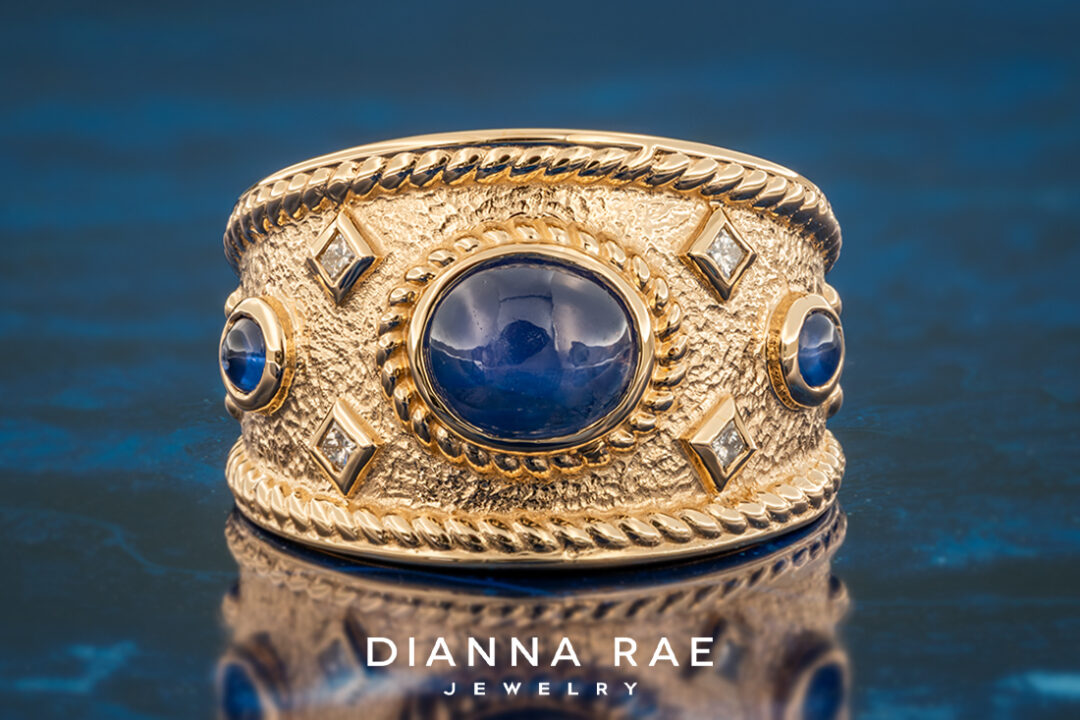 Etruscan Inspired Blue Star Sapphire and Diamond Ring