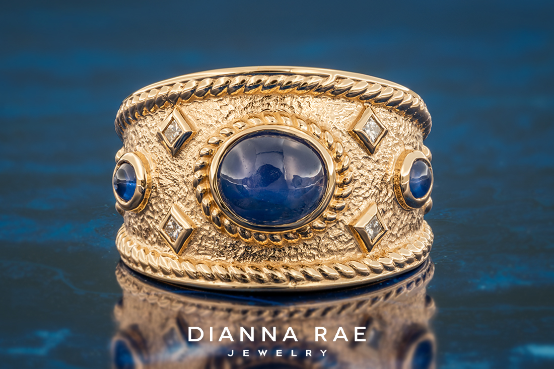 Etruscan Inspired Blue Star Sapphire and Diamond Ring
