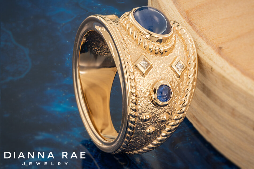 Etruscan Inspired Blue Star Sapphire and Diamond Ring - Image 2
