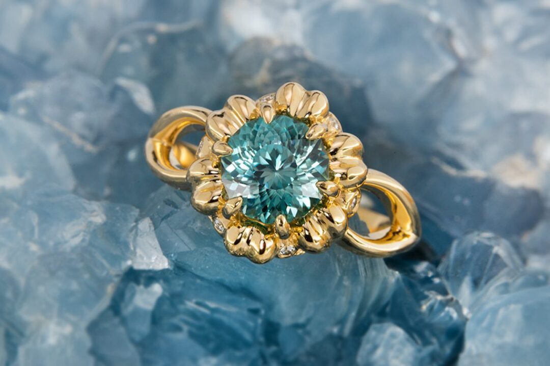 Blue Zircon Ring with 14K Yellow Gold and Diamond accent - Image 3