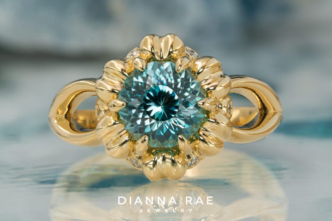 Blue Zircon Ring with 14K Yellow Gold and Diamond accent - Image 2
