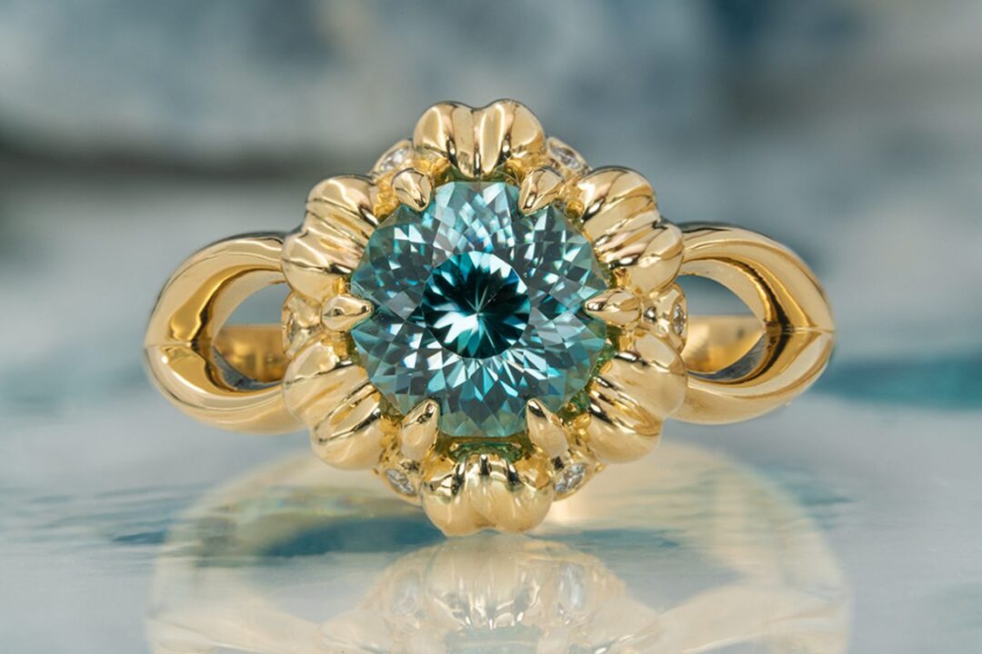 Blue Zircon Ring with 14K Yellow Gold and Diamond accent - Image 4