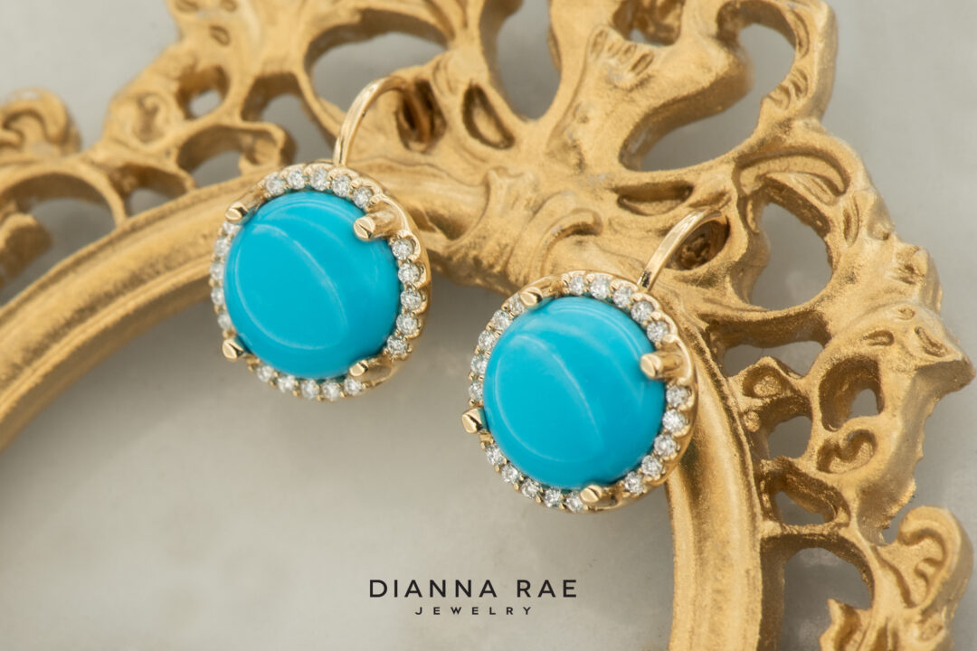 Yellow Gold Turquoise and Diamond Halo Lever Back Earrings