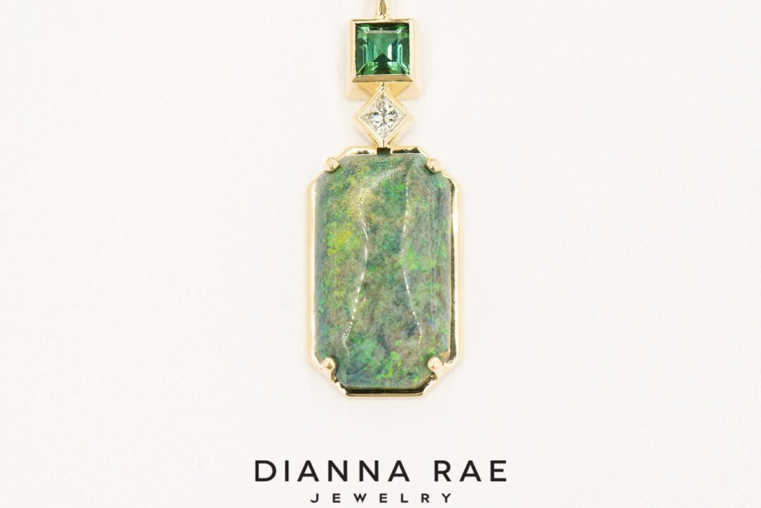 Carribean Sands - Yellow Gold Emerald Cut Opal Pendant with Diamond and Tourmaline Accents