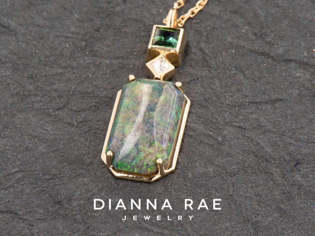 Carribean Sands - Yellow Gold Emerald Cut Opal Pendant with Diamond and Tourmaline Accents - Image 2