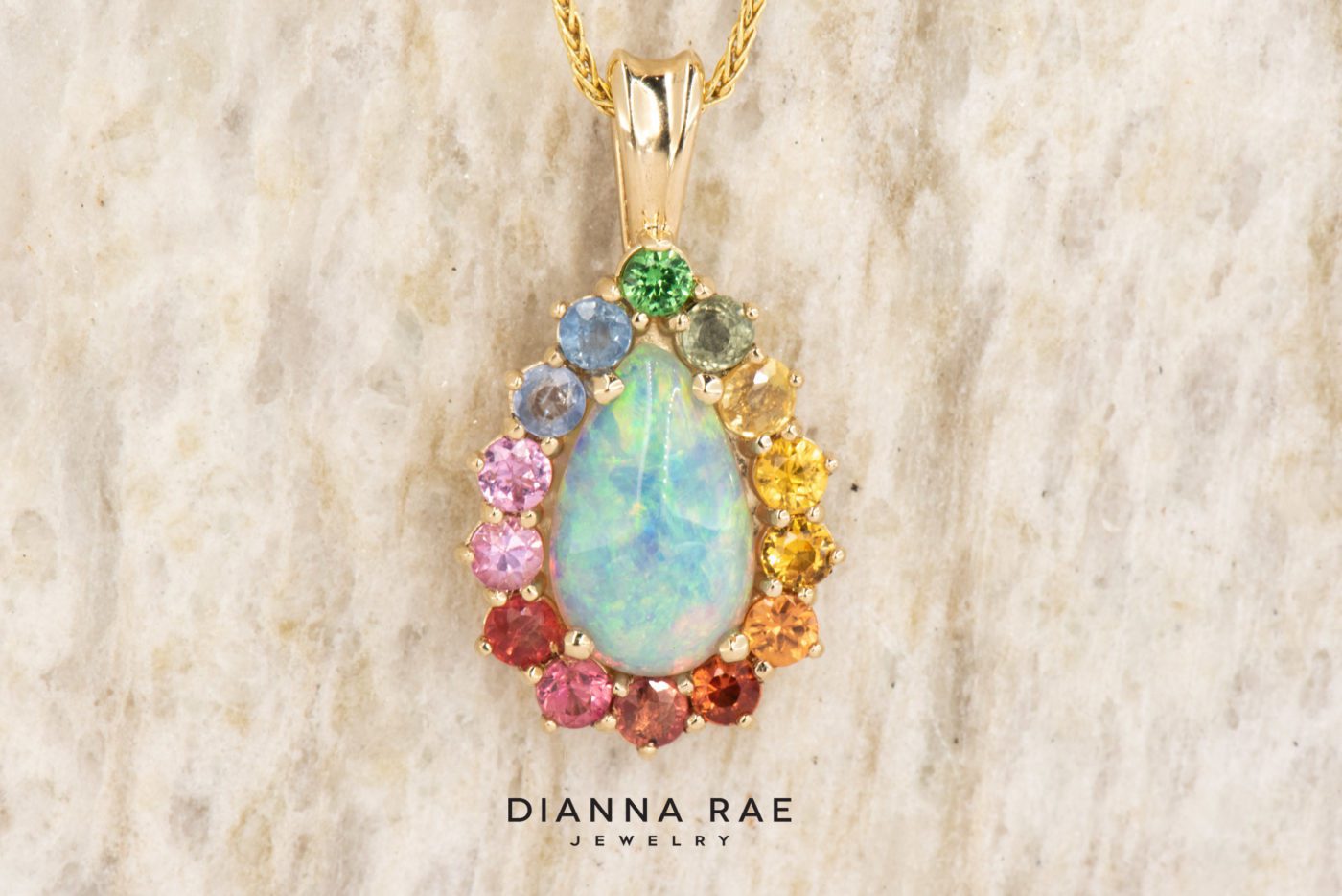 14k Yellow Gold Pear Opal and Rainbow Sapphire Pendant