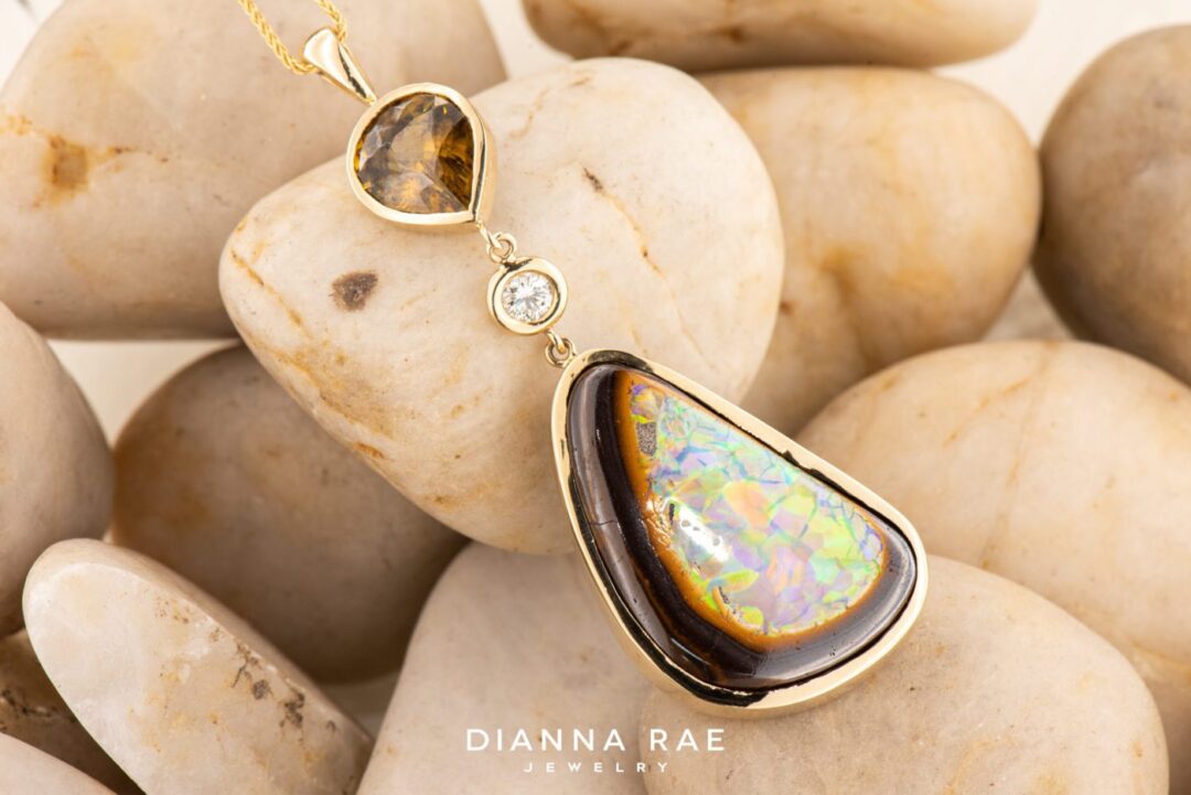 14k Yellow Gold Yowah Opal, Sphene, and Diamond Pendant