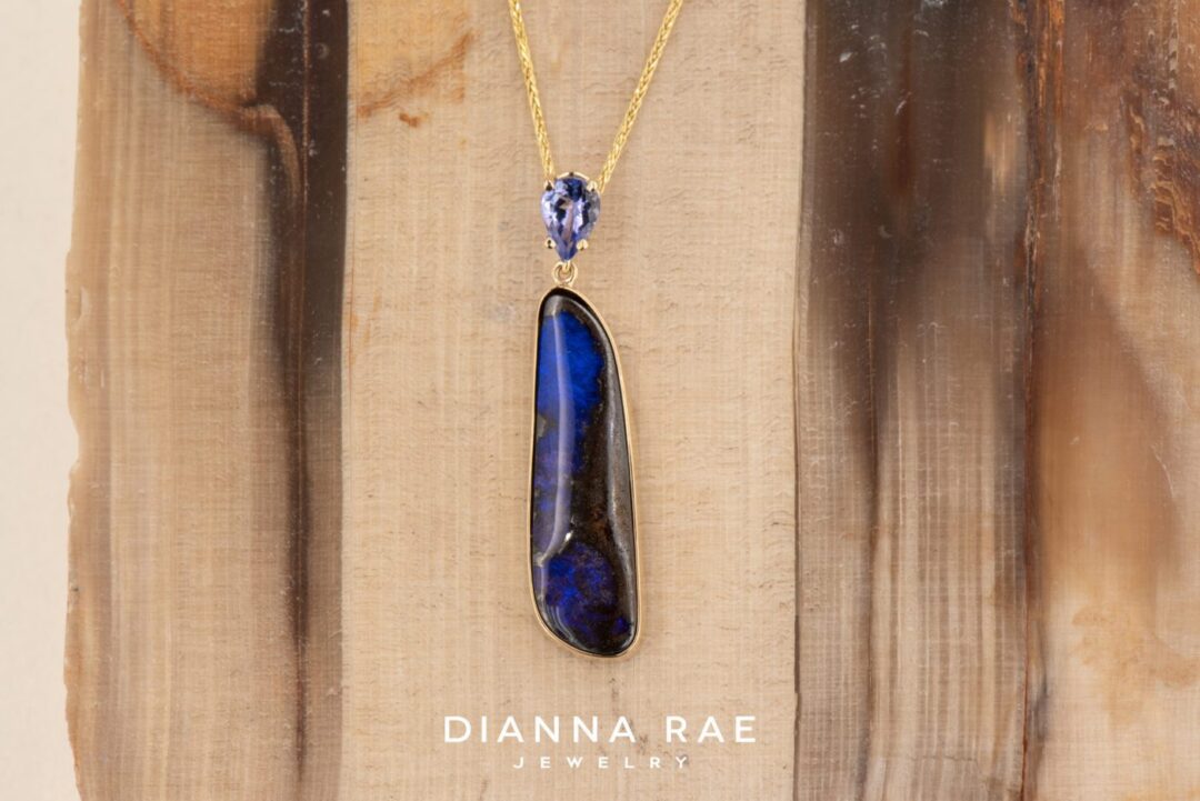 14k Yellow Gold Boulder Opal and Tanzanite Pendant - Image 2