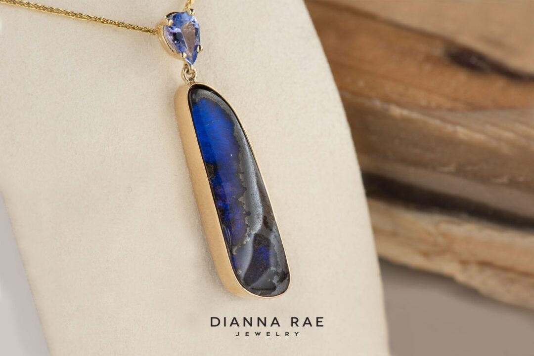 14k Yellow Gold Boulder Opal and Tanzanite Pendant - Image 3