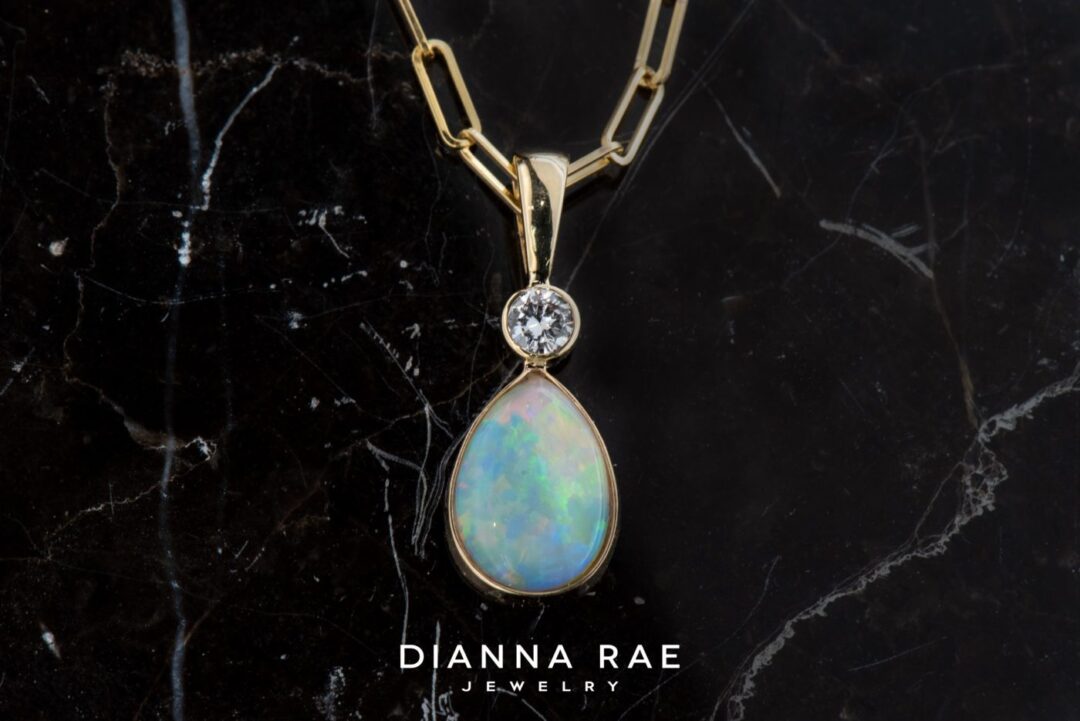 14k Yellow Gold Pear Australian Opal and Diamond Pendant - Image 2