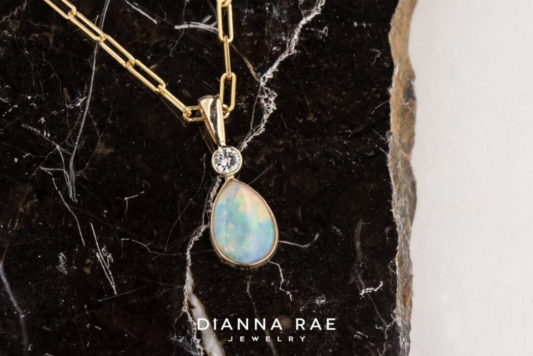 14k Yellow Gold Pear Australian Opal and Diamond Pendant - Image 3