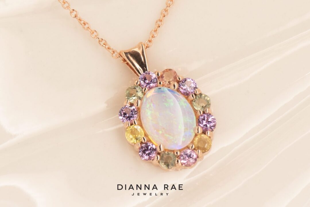 14k Rose Gold Opal and Pastel Sapphire Pendant - Image 4