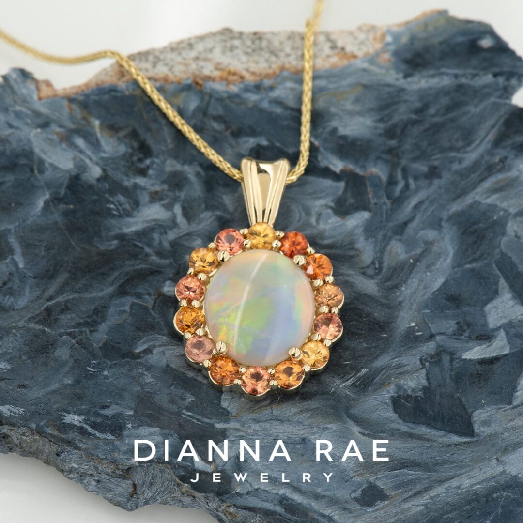 Ethiopian Opal Pendant with Orange Sapphire Halo - Image 5