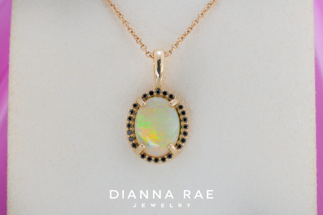 Australian Opal Pendant with Black Diamond Halo