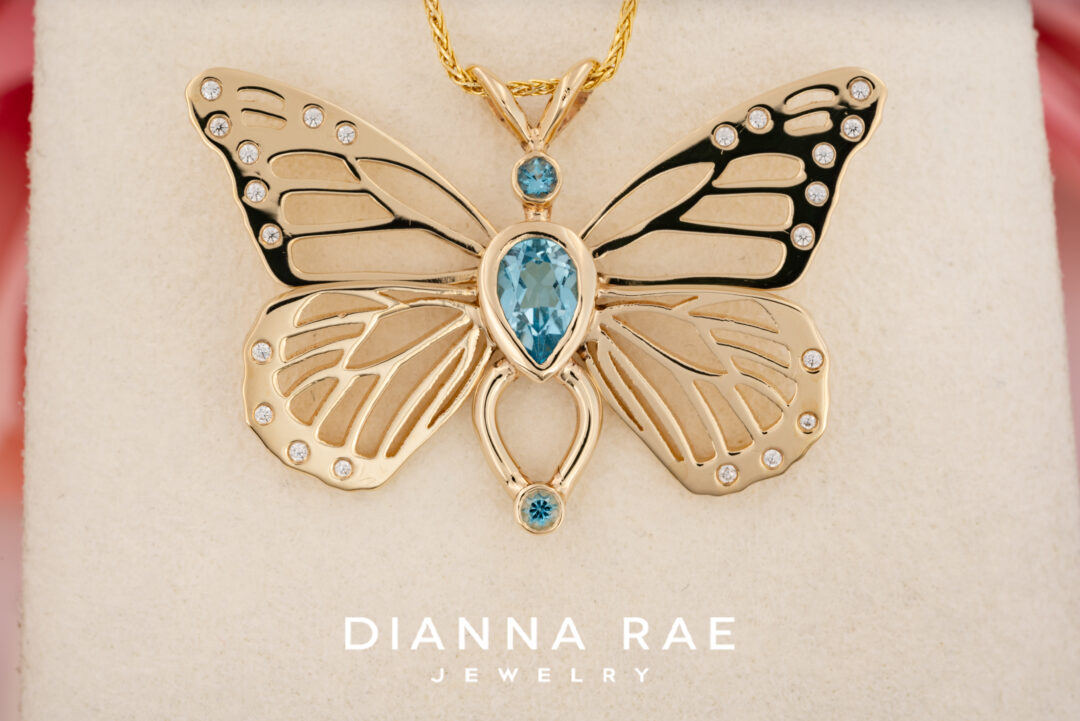 Blue Topaz and Diamond Butterfly Pendant - Image 2