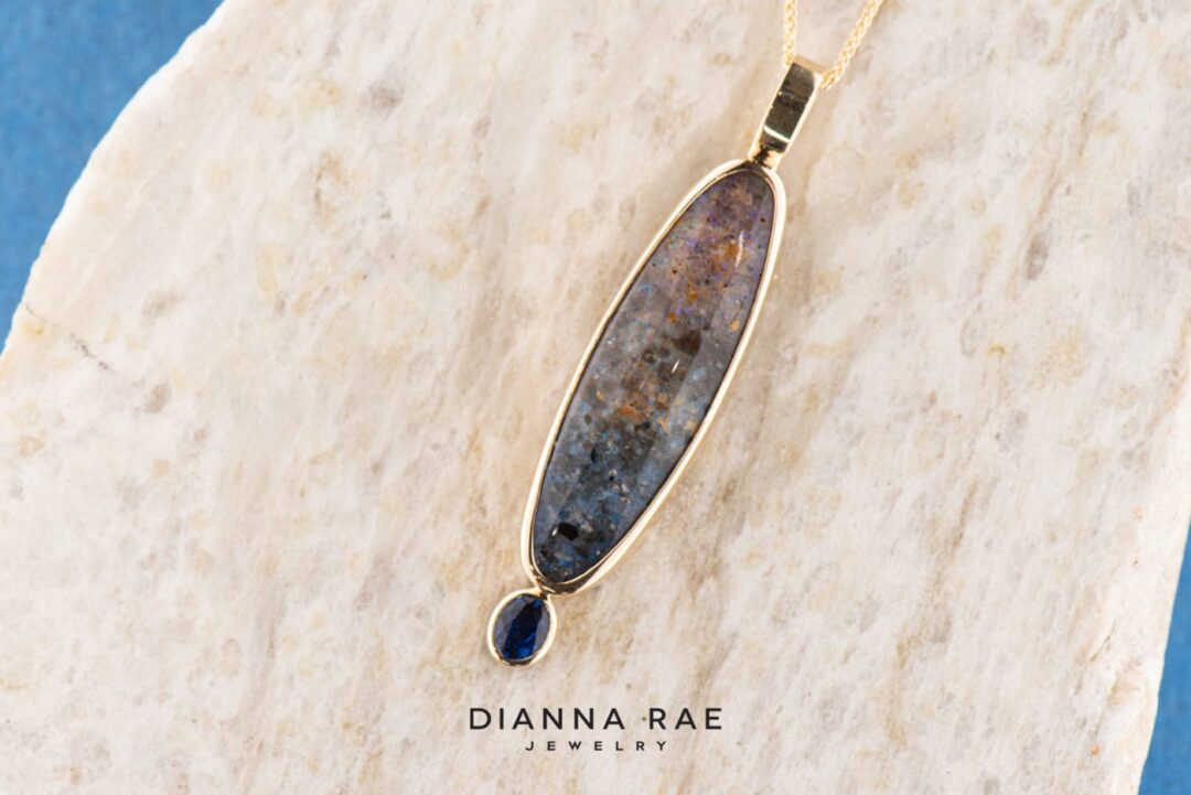 14k Yellow Gold Louisiana Opal and Sapphire Pendant - Image 2