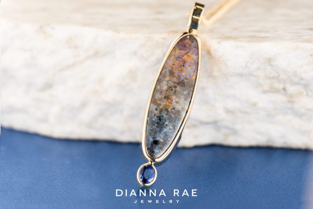 14k Yellow Gold Louisiana Opal and Sapphire Pendant