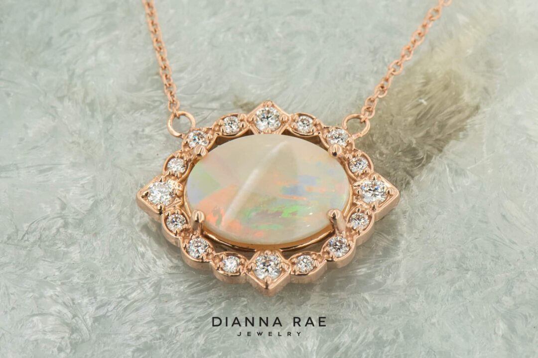 14kt Rose Gold White Opal & Diamond Necklace