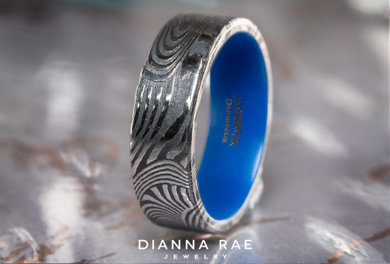 Damascus Steel band with Royal Blue Cerekote sleeve