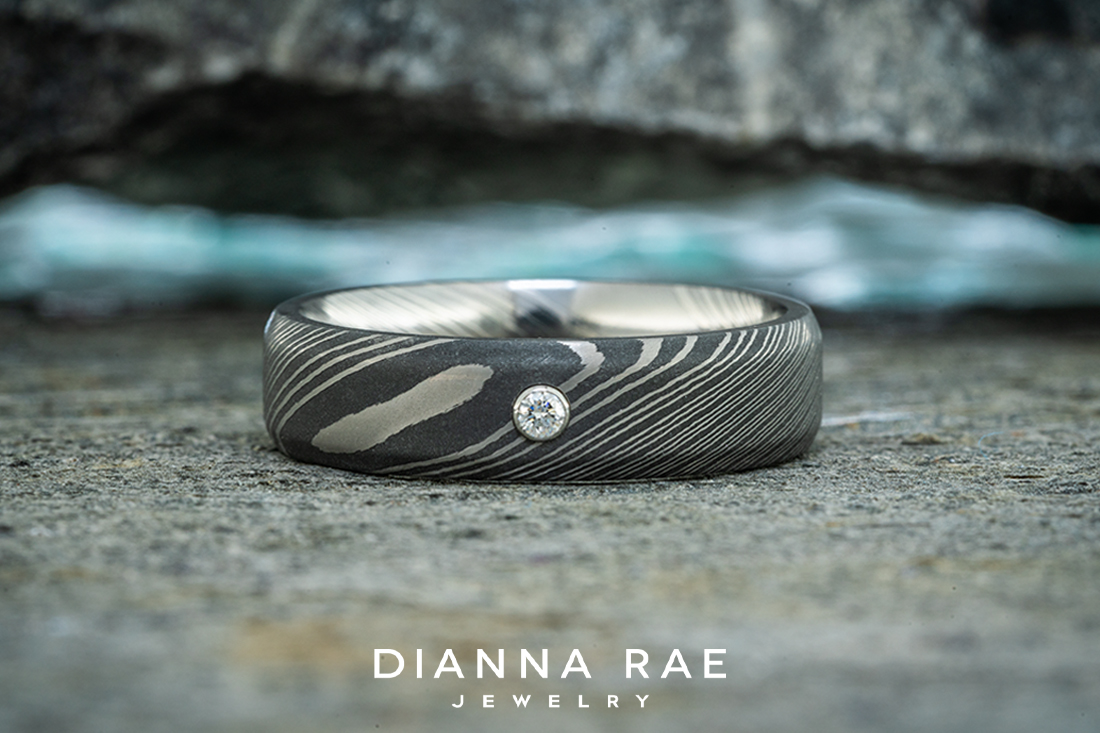 Men's Damascus and Diamond Ring