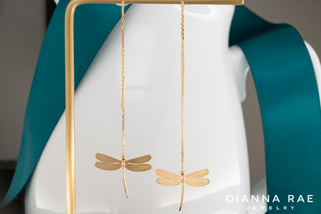 14K Yellow Gold Dragonfly Dangle Earrings