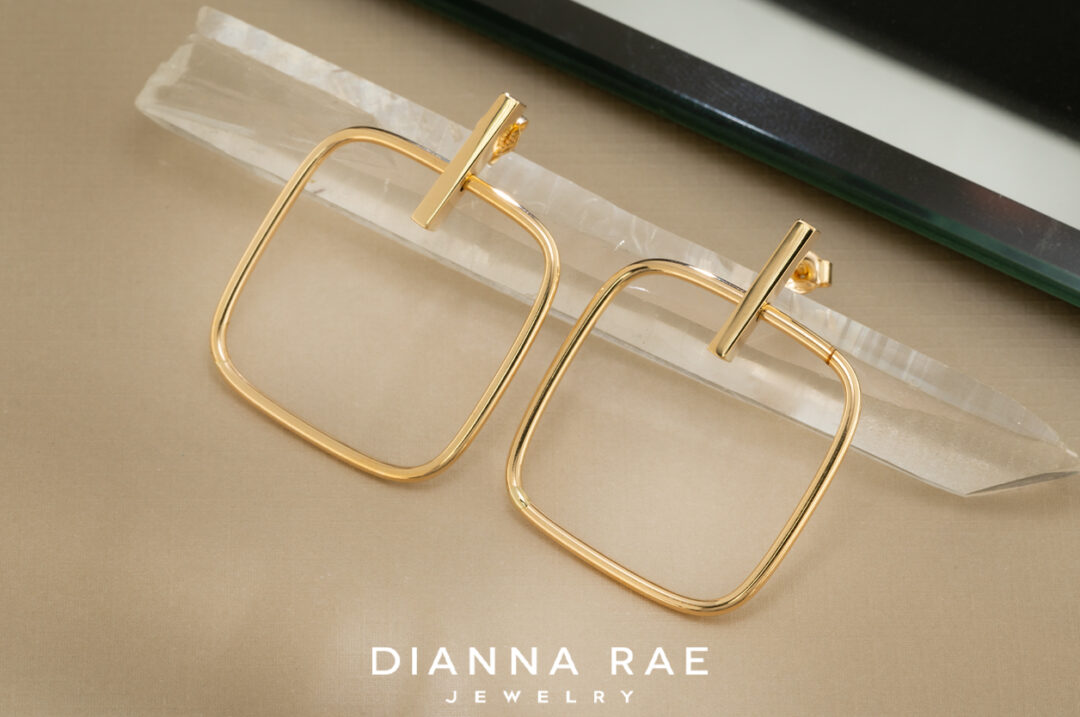 14K Yellow Gold Square Post Dangle Earrings