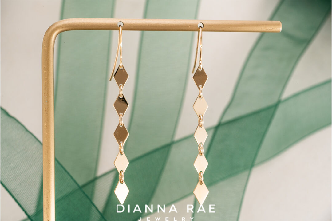 14K Yellow Gold Flat Diamond Shape Dangle Earrings