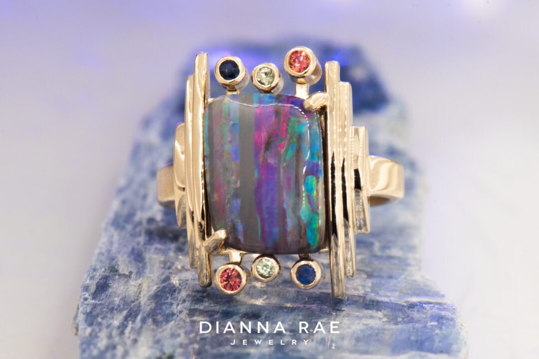 14k Yellow Gold Boulder Opal Ring with Multicolor Accents