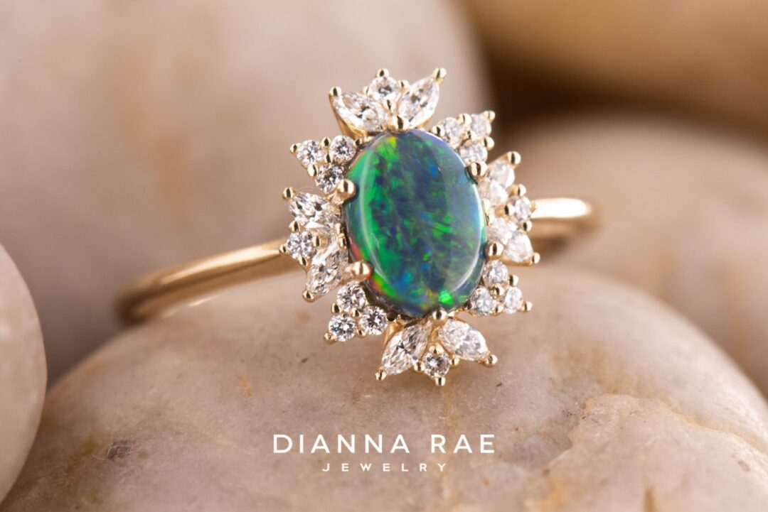 14k Yellow Gold Opal and Diamond Cluster Ring