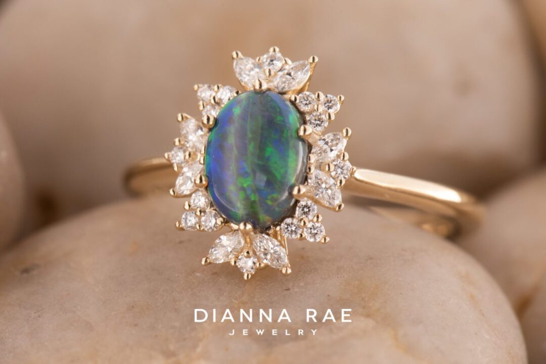 14k Yellow Gold Opal and Diamond Cluster Ring - Image 2
