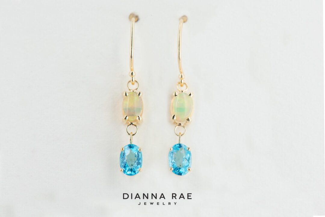 14k Yellow Gold Opal and Topaz Dangle Earrings - Image 2