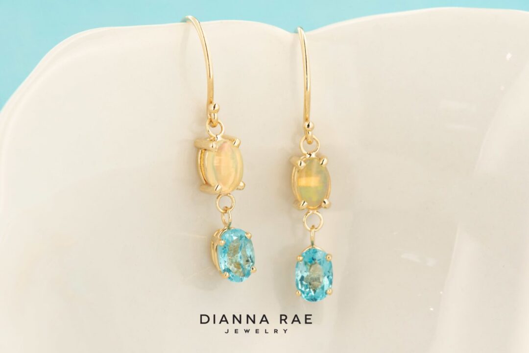 14k Yellow Gold Opal and Topaz Dangle Earrings