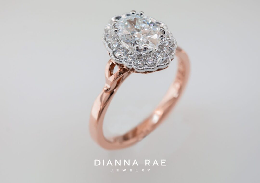 Magnolia - Two Tone Rose/White Gold Oval Scalloped Halo Engagement Ring - Image 4