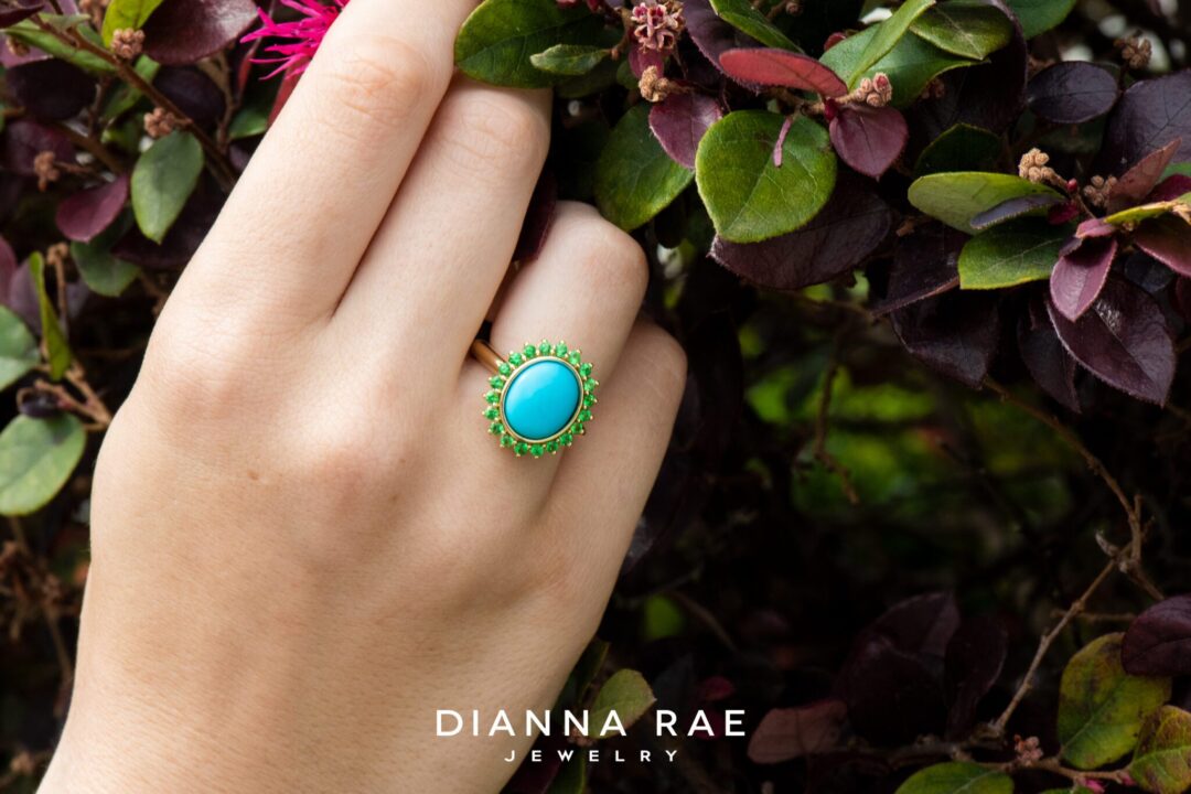 14k Yellow Gold Turquoise and Tsavorite Garnet Ring - Image 2
