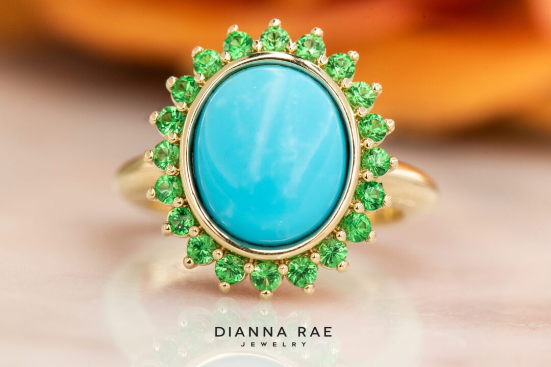14k Yellow Gold Turquoise and Tsavorite Garnet Ring - Image 4
