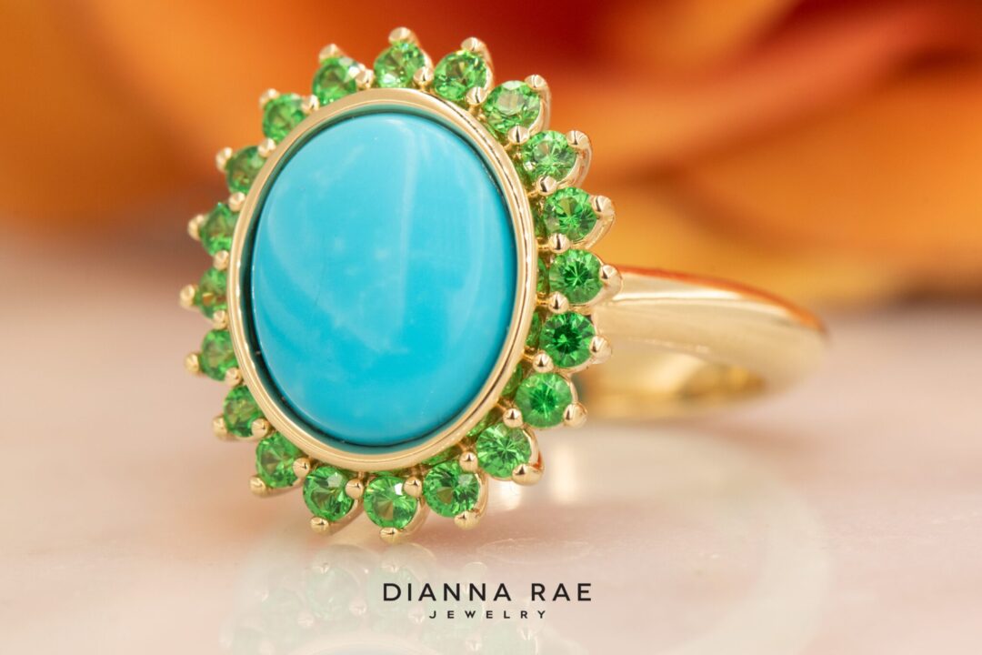 14k Yellow Gold Turquoise and Tsavorite Garnet Ring - Image 3