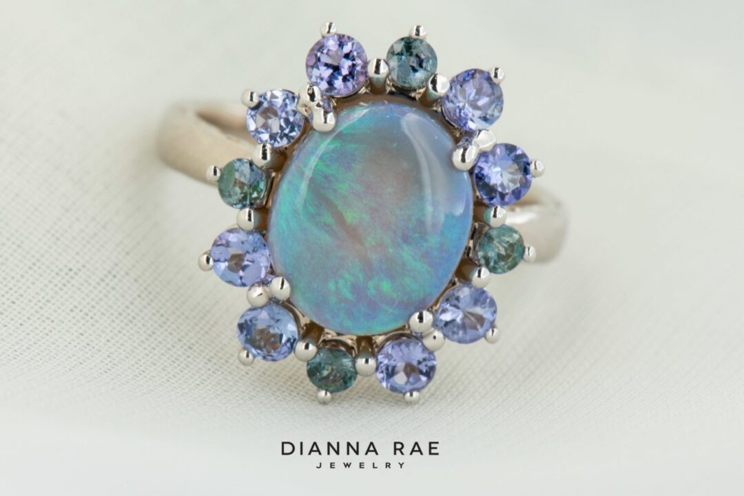 14k White Gold Opal, Tanzanite and Alexandrite Cluster Ring