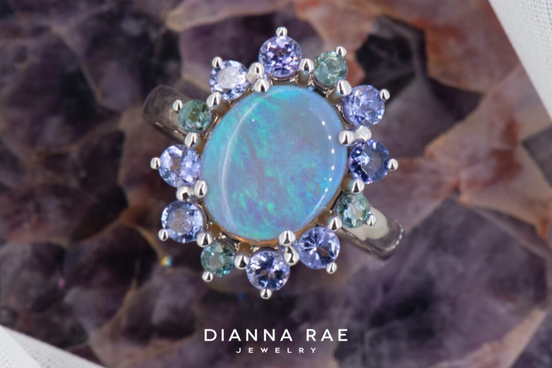 14k White Gold Opal, Tanzanite and Alexandrite Cluster Ring - Image 3