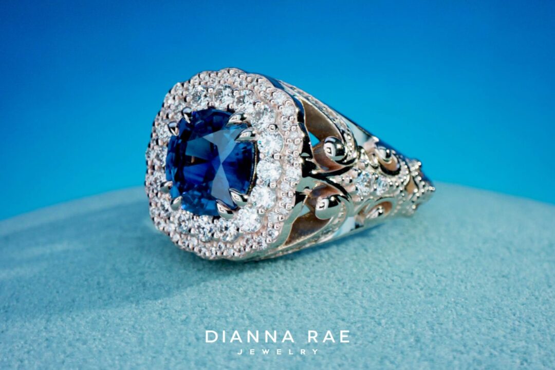 Blue Summit - Yellow Gold Sapphire Ring with Vintage Inspired Diamond Accents