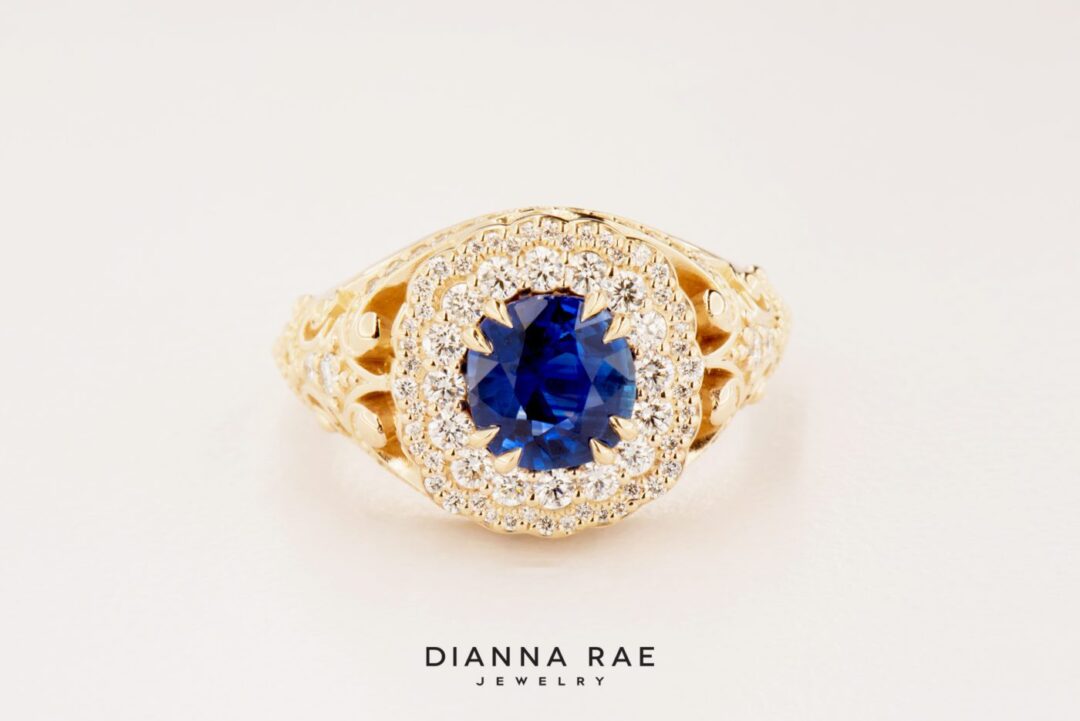 Blue Summit - Yellow Gold Sapphire Ring with Vintage Inspired Diamond Accents - Image 4