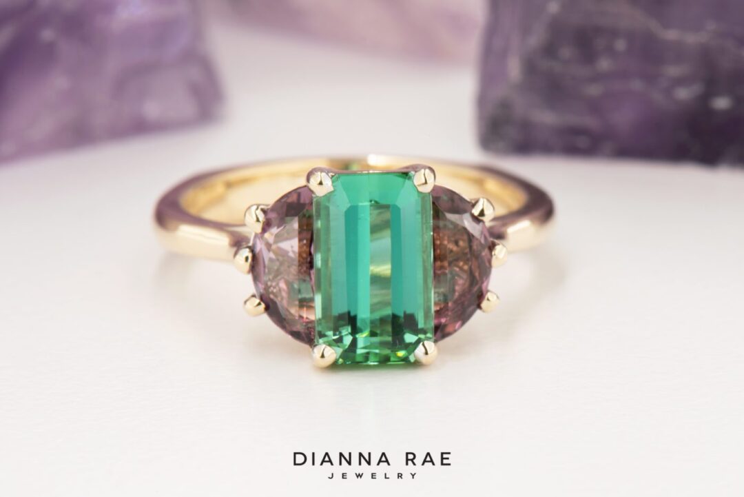 Tropic Peace - Yellow Gold Green and Pink Tourmaline Three Stone Ring