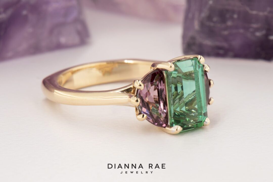 Tropic Peace - Yellow Gold Green and Pink Tourmaline Three Stone Ring - Image 2