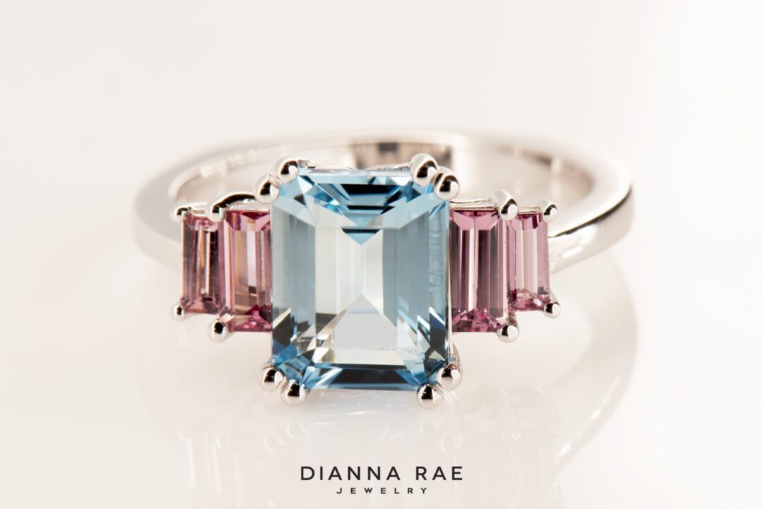 Perfect Pastel - White Gold Aquamarine and Pink Garnet Five Stone Ring - Image 2