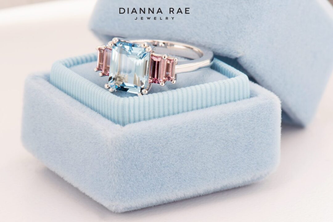 Perfect Pastel - White Gold Aquamarine and Pink Garnet Five Stone Ring - Image 4